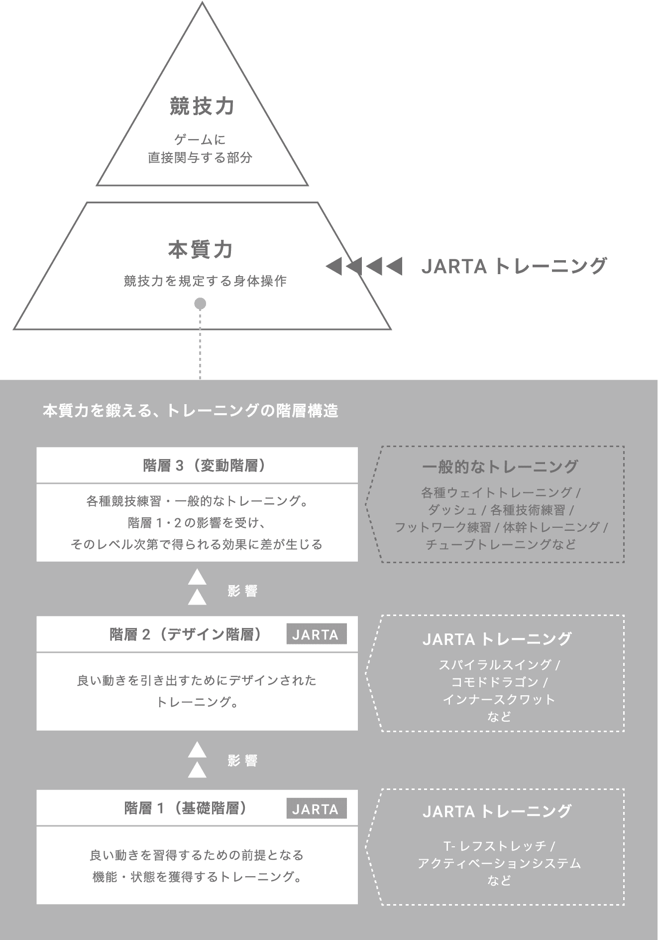 競技力 ゲームに直接関与する部分 本質力 競技力を想定する身体操作 ← JARTAトレーニング 本質力を鍛える、トレーニングの階層構造 階層１（基礎階層） 良い動きを習得するための前提となる機能・状態を獲得するトレーニング。 JARTAトレーニング T-レフストレッチ/アクティベーションシステムなど 階層２（デザイン階層） 良い動きを引き出すためにデザインされたトレーニング。 JARTAトレーニング スパイラルスイング/コモドドラゴン/インナースクワットなど 階層３（変動階層） 各種競技練習・一般的なトレーニング。階層１・２の影響を受け、そのレベル次第で得られる効果に差が生じる 一般的なトレーニング 各種ウェイトトレーニング/ダッシュ/各種技術練習/フットワーク練習/体感トレーニング/チューブトレーニングなど